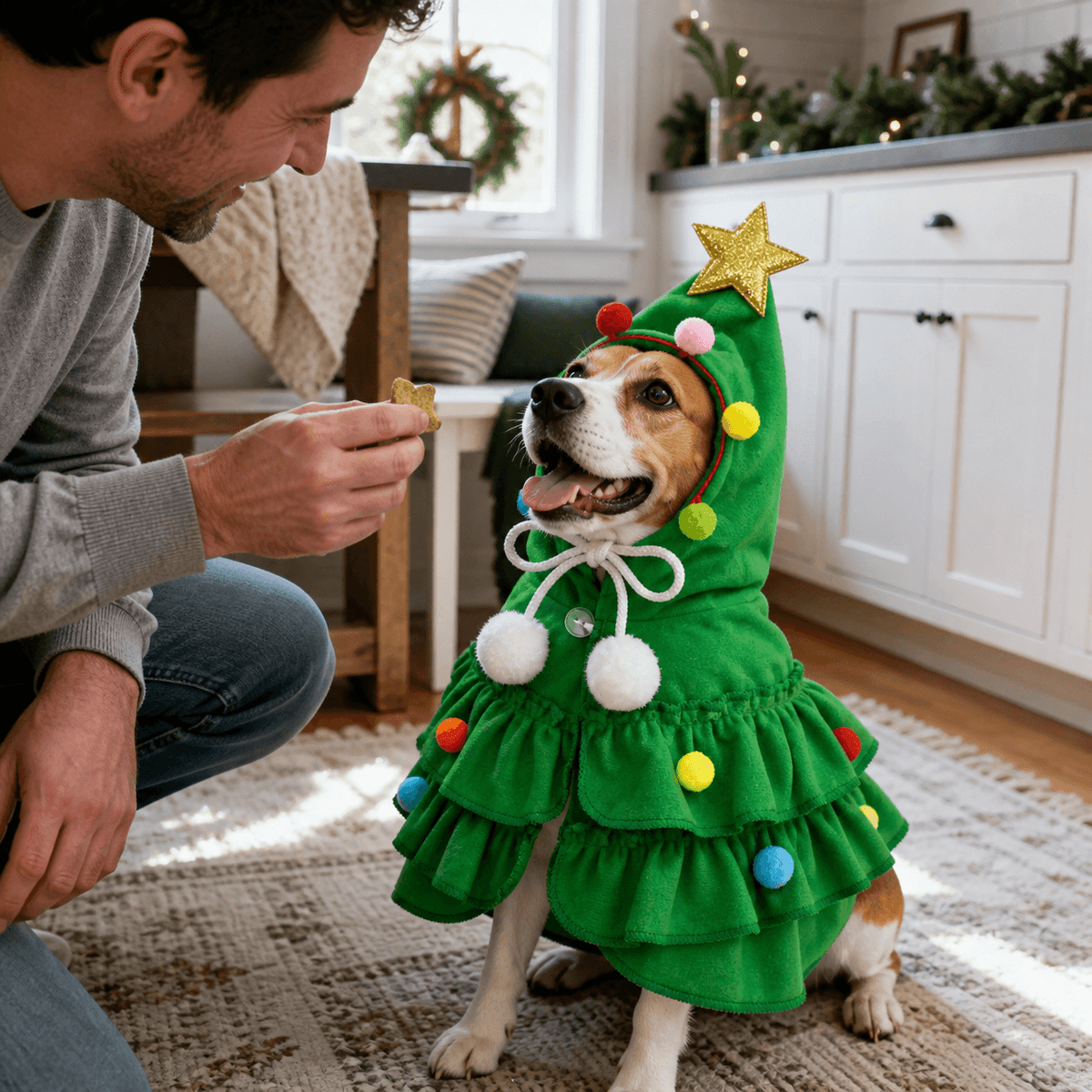 Christmas Dog Cape – Red & Green Christmas Tree Costume